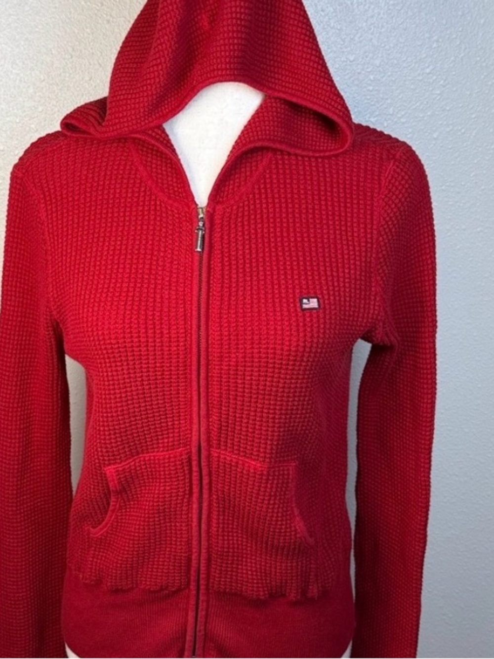 Vtg Ralph Lauren Polo Zip Waffle Knit Hoodie Red Women XL Fits M‎ Flag Hong Kong